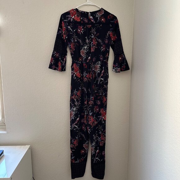Anthropologie Maeve Espoir Jumpsuit V Neck Floral Bird Print 3/4 Bell Sleeve Mul - Picture 4 of 15